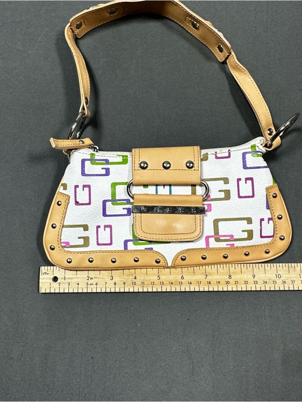 GUESS White Multicolor Logo Shoulder Bag with Tan Trim and Studs - Picture 9 of 9